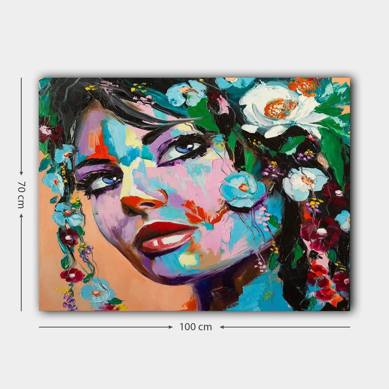 Canvastavla 70x100 cm - Färgstark porträttmålning av en kvinna med blommor i håret - Blå / Röd / Grön - Inredning - Tavlor & posters - Canvastavla