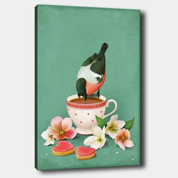 Canvastavla 70x100 cm - Fågel som dricker ur en kopp omgiven av blommor och hjärtformade kakor - Grön / Rosa / Vit - Inredning - Tavlor & posters - Canvastavla