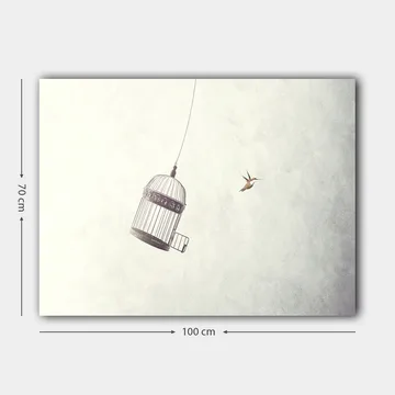 Canvastavla 70x100 cm - Fågelbur hänger i luften med en fågel som flyger i närheten - Grå / Svart / Vit - Inredning - Tavlor & posters - Canvastavla