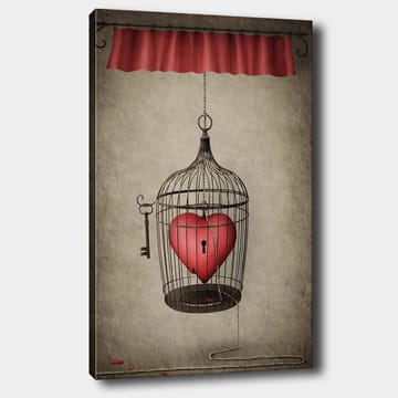 Canvastavla 70x100 cm - Fågelbur med ett rött hjärta inuti, hängande från en snodd - Röd / Svart / Grå - Inredning - Tavlor & posters - Canvastavla
