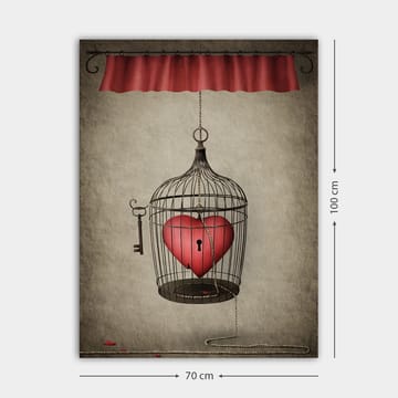Canvastavla 70x100 cm - Fågelbur med ett rött hjärta inuti, hängande från en snodd - Röd / Svart / Grå - Inredning - Tavlor & posters - Canvastavla