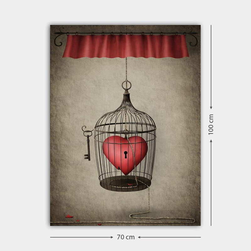 Canvastavla 70x100 cm - Fågelbur med ett rött hjärta inuti, hängande från en snodd - Röd / Svart / Grå - Inredning - Tavlor & posters - Canvastavla