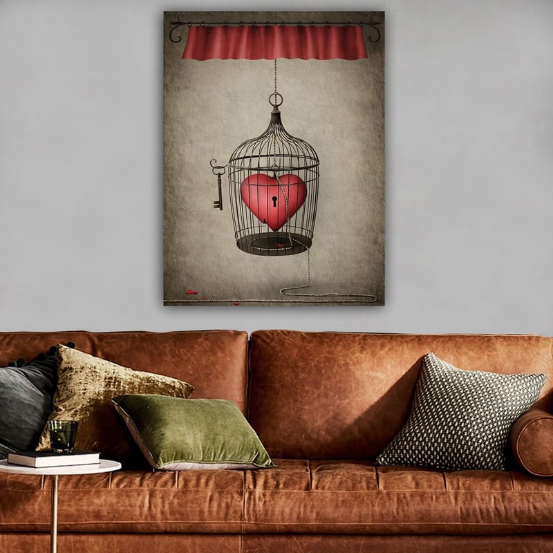 Canvastavla 70x100 cm - Fågelbur med ett rött hjärta inuti, hängande från en snodd - Röd / Svart / Grå - Inredning - Tavlor & posters - Canvastavla