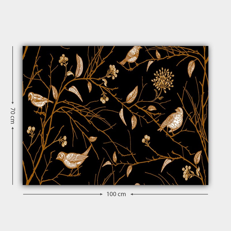 Canvastavla 70x100 cm - Fåglar och grenar i en elegant design mot en svart bakgrund - Guld / Svart - Inredning - Tavlor & posters - Canvastavla