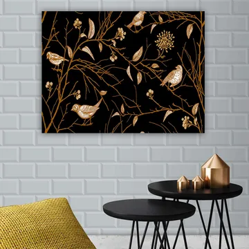 Canvastavla 70x100 cm - Fåglar och grenar i en elegant design mot en svart bakgrund - Guld / Svart - Inredning - Tavlor & posters - Canvastavla