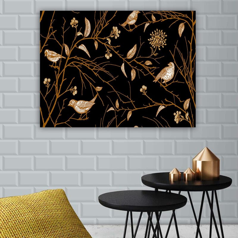 Canvastavla 70x100 cm - Fåglar och grenar i en elegant design mot en svart bakgrund - Guld / Svart - Inredning - Tavlor & posters - Canvastavla
