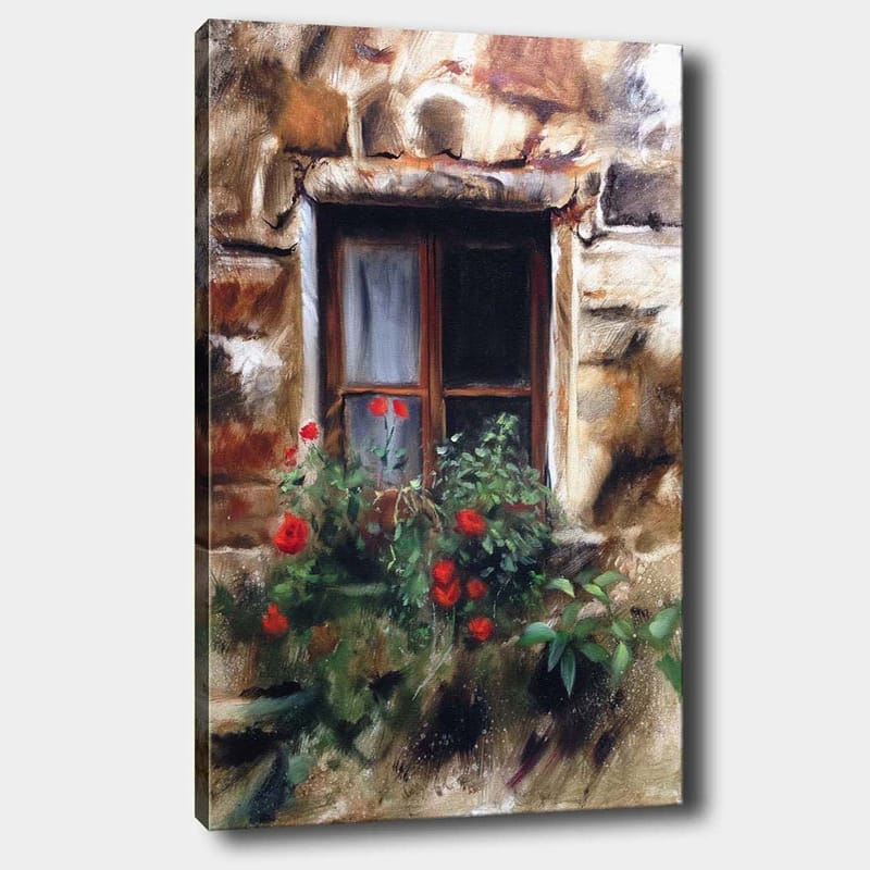 Canvastavla 70x100 cm - Fönster med blomkruka fylld av röda rosor, Röd / Grön / Beige