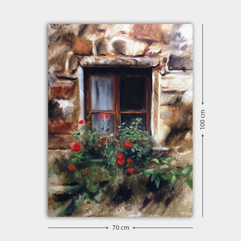 Canvastavla 70x100 cm - Fönster med blomkruka fylld av röda rosor - Röd / Grön / Beige - Inredning - Tavlor & posters - Canvastavla
