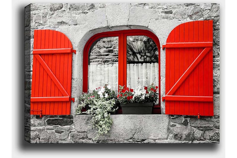 Canvastavla 70x100 cm - Fönster med röda luckor och blommor i en gråstensvägg - Röd / Grå - Inredning - Tavlor & posters - Canvastavla