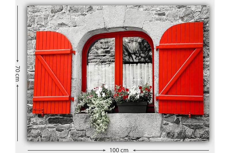 Canvastavla 70x100 cm - Fönster med röda luckor och blommor i en gråstensvägg - Röd / Grå - Inredning - Tavlor & posters - Canvastavla
