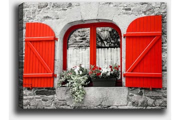 Canvastavla 70x100 cm - Fönster med röda luckor och blommor i en gråstensvägg - Röd / Grå - Inredning - Tavlor & posters - Canvastavla