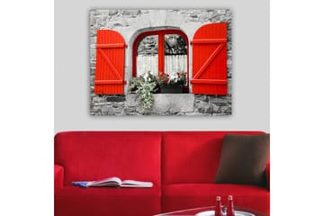 Canvastavla 70x100 cm - Fönster med röda luckor och blommor i en gråstensvägg - Röd / Grå - Inredning - Tavlor & posters - Canvastavla