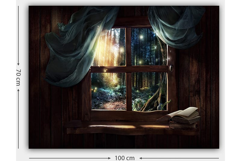 Canvastavla 70x100 cm - Fönsterutsikt mot en mystisk skog med ljusstrålar som sipprar genom träden - Mörkgrön / Brun / Ljusblå - Inredning - Tavlor & posters - Canvastavla
