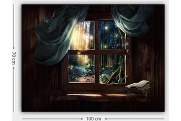 Canvastavla 70x100 cm - Fönsterutsikt mot en mystisk skog med ljusstrålar som sipprar genom träden - Mörkgrön / Brun / Ljusblå - Inredning - Tavlor & posters - Canvastavla
