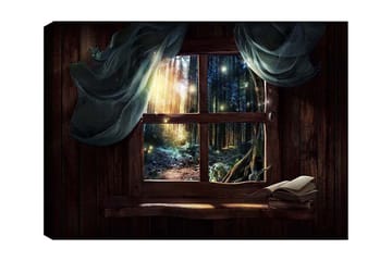 Canvastavla 70x100 cm - Fönsterutsikt mot en mystisk skog med ljusstrålar som sipprar genom träden - Mörkgrön / Brun / Ljusblå - Inredning - Tavlor & posters - Canvastavla