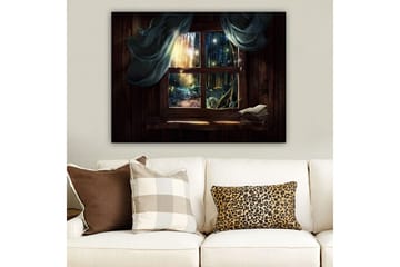 Canvastavla 70x100 cm - Fönsterutsikt mot en mystisk skog med ljusstrålar som sipprar genom träden - Mörkgrön / Brun / Ljusblå - Inredning - Tavlor & posters - Canvastavla