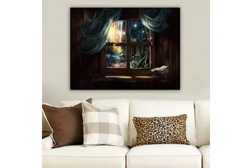 Canvastavla 70x100 cm - Fönsterutsikt mot en mystisk skog med ljusstrålar som sipprar genom träden - Mörkgrön / Brun / Ljusblå - Inredning - Tavlor & posters - Canvastavla
