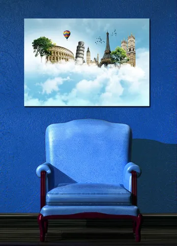 Canvastavla 70x100 cm - Fantasifull landskap med kända byggnader svävande bland moln - Blå / Grön / Vit - Inredning - Tavlor & posters - Canvastavla