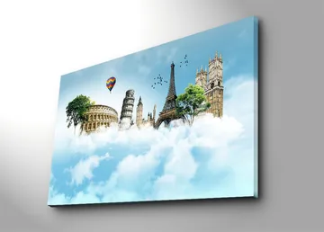 Canvastavla 70x100 cm - Fantasifull landskap med kända byggnader svävande bland moln - Blå / Grön / Vit - Inredning - Tavlor & posters - Canvastavla