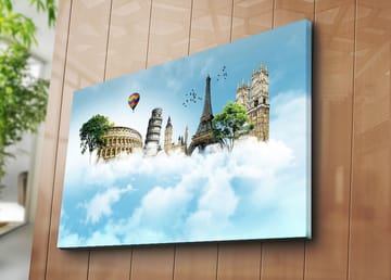 Canvastavla 70x100 cm - Fantasifull landskap med kända byggnader svävande bland moln - Blå / Grön / Vit - Inredning - Tavlor & posters - Canvastavla