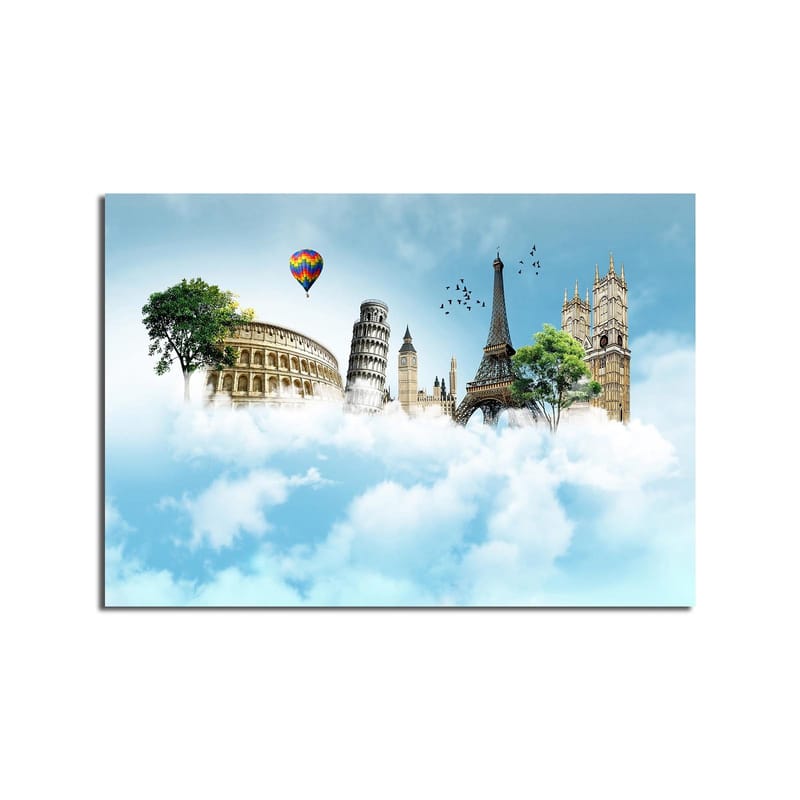 Canvastavla 70x100 cm - Fantasifull landskap med kända byggnader svävande bland moln - Blå / Grön / Vit - Inredning - Tavlor & posters - Canvastavla