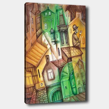 Canvastavla 70x100 cm - Fantasifull stadsbild med snedvridna hus och en man i hatt som står och betraktar omgivningen - Grön / Brun / Gul - Inredning - Tavlor & posters - Canvastavla