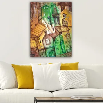 Canvastavla 70x100 cm - Fantasifull stadsbild med snedvridna hus och en man i hatt som står och betraktar omgivningen - Grön / Brun / Gul - Inredning - Tavlor & posters - Canvastavla