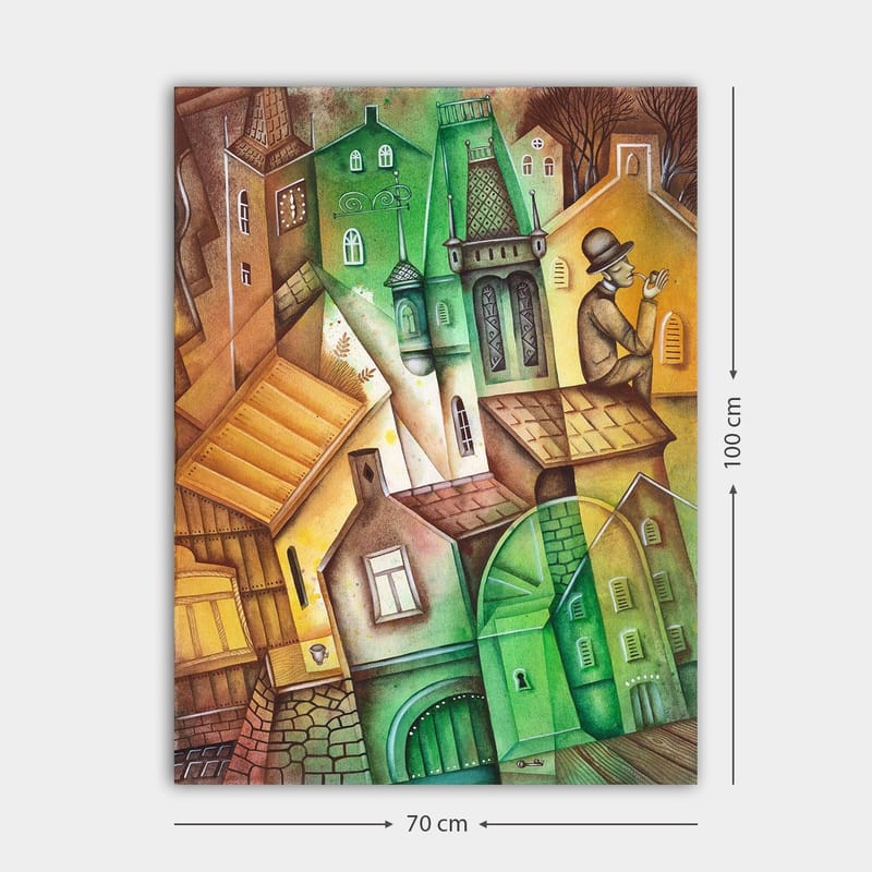 Canvastavla 70x100 cm - Fantasifull stadsbild med snedvridna hus och en man i hatt som står och betraktar omgivningen - Grön / Brun / Gul - Inredning - Tavlor & posters - Canvastavla