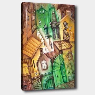 Canvastavla 70x100 cm - Fantasifull stadsbild med snedvridna hus och en man i hatt som står och betraktar omgivningen - Grön / Brun / Gul - Inredning - Tavlor & posters - Canvastavla