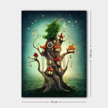 Canvastavla 70x100 cm - Fantasifull trädtavla med små hus och en grönskande krona - Brun / Grön / Röd - Inredning - Tavlor & posters - Canvastavla