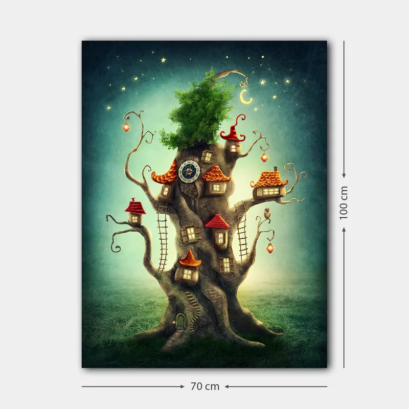 Canvastavla 70x100 cm - Fantasifull trädtavla med små hus och en grönskande krona - Brun / Grön / Röd - Inredning - Tavlor & posters - Canvastavla