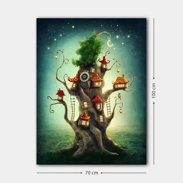 Canvastavla 70x100 cm - Fantasifull trädtavla med små hus och en grönskande krona - Brun / Grön / Röd - Inredning - Tavlor & posters - Canvastavla