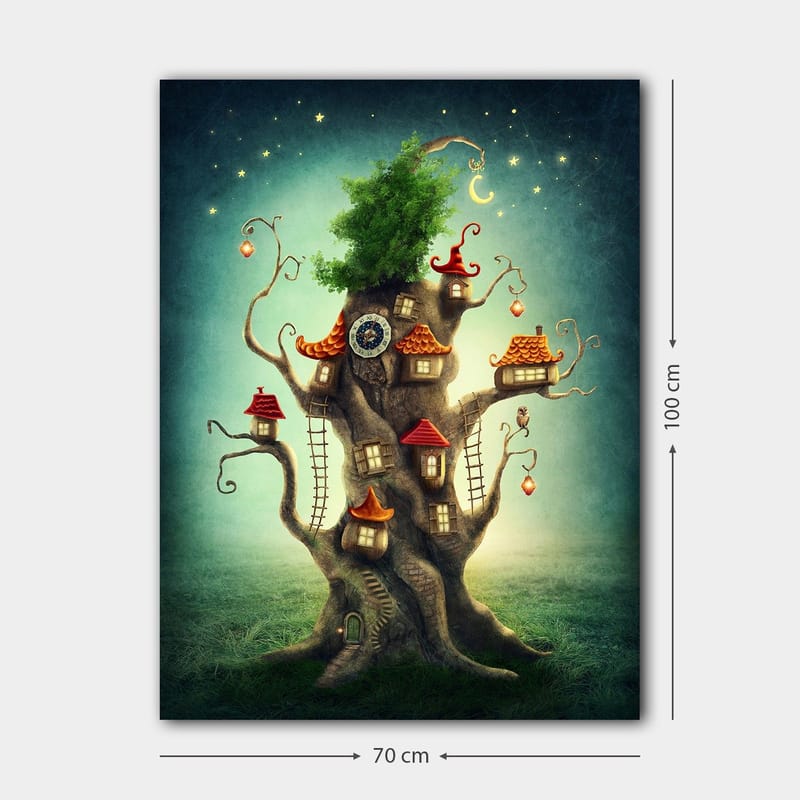 Canvastavla 70x100 cm - Fantasifull trädtavla med små hus och en grönskande krona - Brun / Grön / Röd - Inredning - Tavlor & posters - Canvastavla