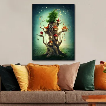 Canvastavla 70x100 cm - Fantasifull trädtavla med små hus och en grönskande krona - Brun / Grön / Röd - Inredning - Tavlor & posters - Canvastavla