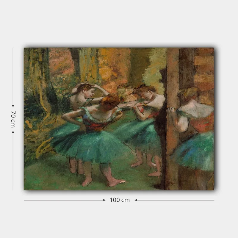 Canvastavla 70x100 cm - Fem balettdansöser i färgglada tutus förbereder sig inför en föreställning - Grön / Orange / Röd - Inredning - Tavlor & posters - Canvastavla