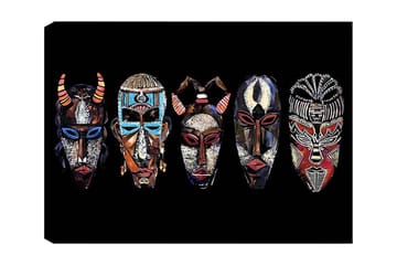 Canvastavla 70x100 cm - Fem färgglada masker med olika mönster och uttryck - Röd / Svart / Blå - Inredning - Tavlor & posters - Canvastavla