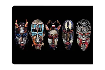Canvastavla 70x100 cm - Fem färgglada masker med olika mönster och uttryck - Röd / Svart / Blå - Inredning - Tavlor & posters - Canvastavla