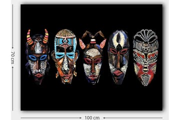 Canvastavla 70x100 cm - Fem färgglada masker med olika mönster och uttryck - Röd / Svart / Blå - Inredning - Tavlor & posters - Canvastavla
