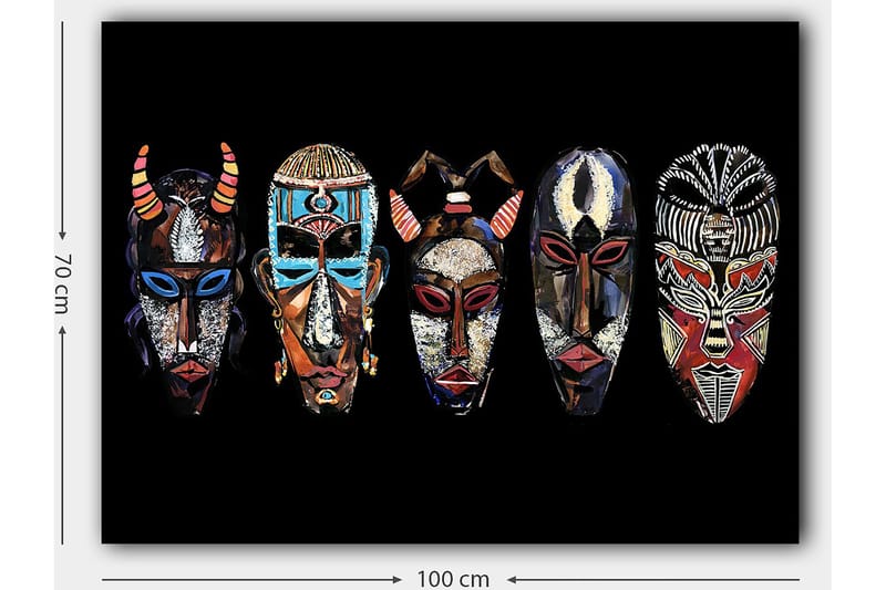 Canvastavla 70x100 cm - Fem färgglada masker med olika mönster och uttryck - Röd / Svart / Blå - Inredning - Tavlor & posters - Canvastavla