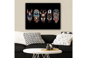 Canvastavla 70x100 cm - Fem färgglada masker med olika mönster och uttryck - Röd / Svart / Blå - Inredning - Tavlor & posters - Canvastavla
