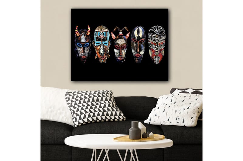Canvastavla 70x100 cm - Fem färgglada masker med olika mönster och uttryck - Röd / Svart / Blå - Inredning - Tavlor & posters - Canvastavla