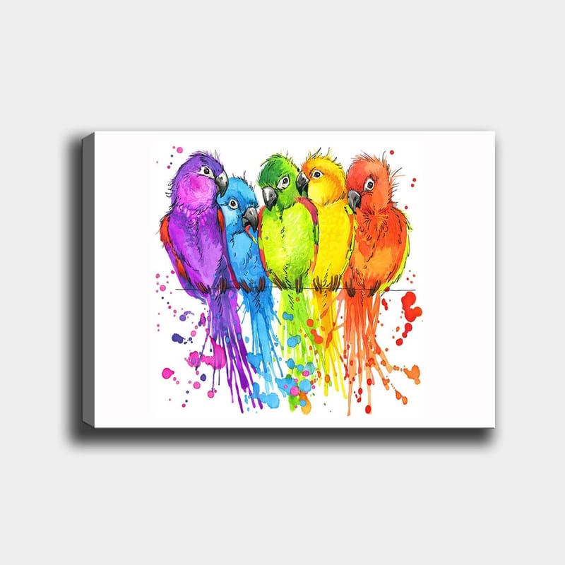 Canvastavla 70x100 cm - Fem färgglada papegojor i rad - Lila / Grön / Orange - Inredning - Tavlor & posters - Canvastavla