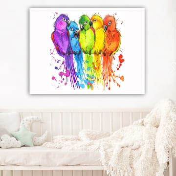 Canvastavla 70x100 cm - Fem färgglada papegojor i rad - Lila / Grön / Orange - Inredning - Tavlor & posters - Canvastavla