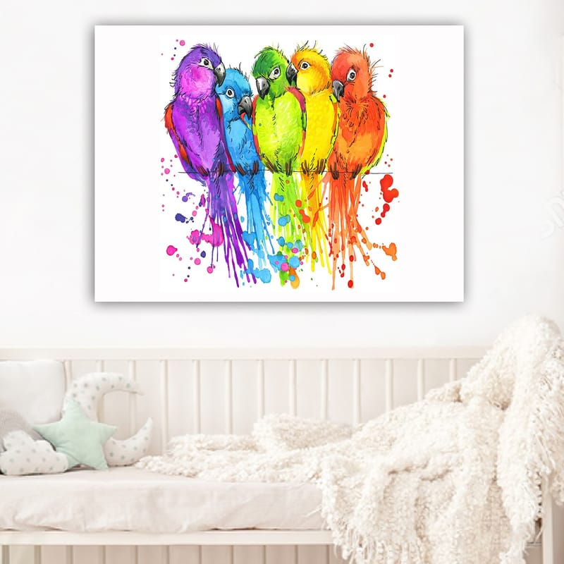 Canvastavla 70x100 cm - Fem färgglada papegojor i rad - Lila / Grön / Orange - Inredning - Tavlor & posters - Canvastavla