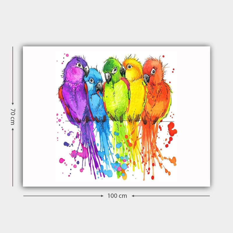 Canvastavla 70x100 cm - Fem färgglada papegojor i rad - Lila / Grön / Orange - Inredning - Tavlor & posters - Canvastavla