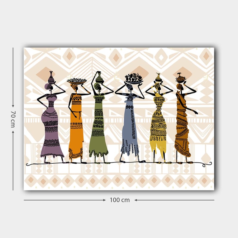 Canvastavla 70x100 cm - Fem kvinnor i traditionella kläder som bär föremål på huvudet - Lila / Orange / Grön - Inredning - Tavlor & posters - Canvastavla