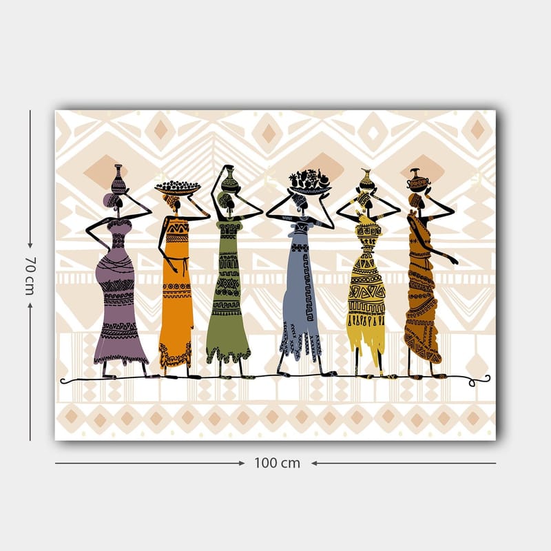 Canvastavla 70x100 cm - Fem kvinnor i traditionella kläder som bär föremål på huvudet - Lila / Orange / Grön - Inredning - Tavlor & posters - Canvastavla