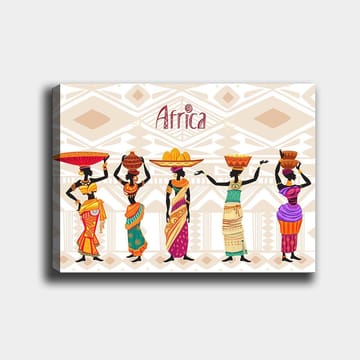 Canvastavla 70x100 cm - Fem kvinnor i traditionella kläder som bär på olika föremål på huvudet, med en afrikansk kulturell bakgrund - Röd / Orange / Grön - Inredning - Tavlor & posters - Canvastavla