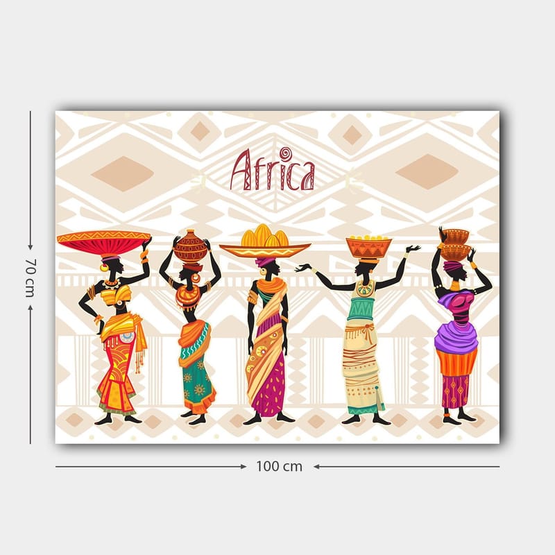 Canvastavla 70x100 cm - Fem kvinnor i traditionella kläder som bär på olika föremål på huvudet, med en afrikansk kulturell bakgrund - Röd / Orange / Grön - Inredning - Tavlor & posters - Canvastavla