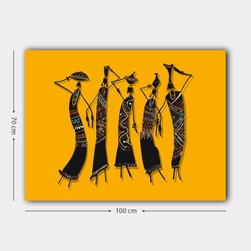 Canvastavla 70x100 cm - Fem stiliserade kvinnor i traditionella kläder som bär föremål på huvudet - Svart / Gul / Röd - Inredning - Tavlor & posters - Canvastavla
